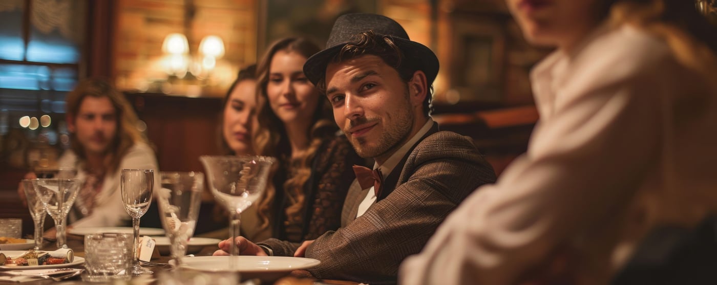 verkleidete menschen bei einem krimidinner zuhause
