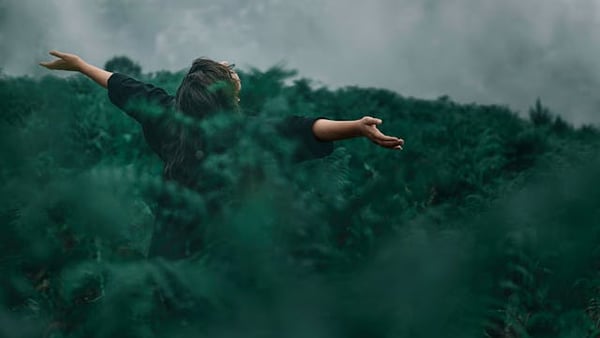 Mann in der Natur, breitet die Arme aus