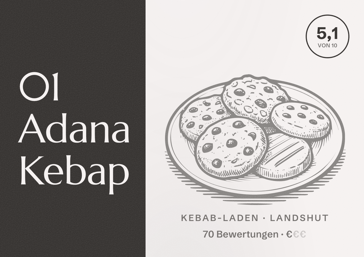 Illustriertes Poster von 01 Adana Kebap, Kebab-Laden in Landshut: Bewertung 5,1 von 10 aus 70 Bewertungen, Preisniveau €
