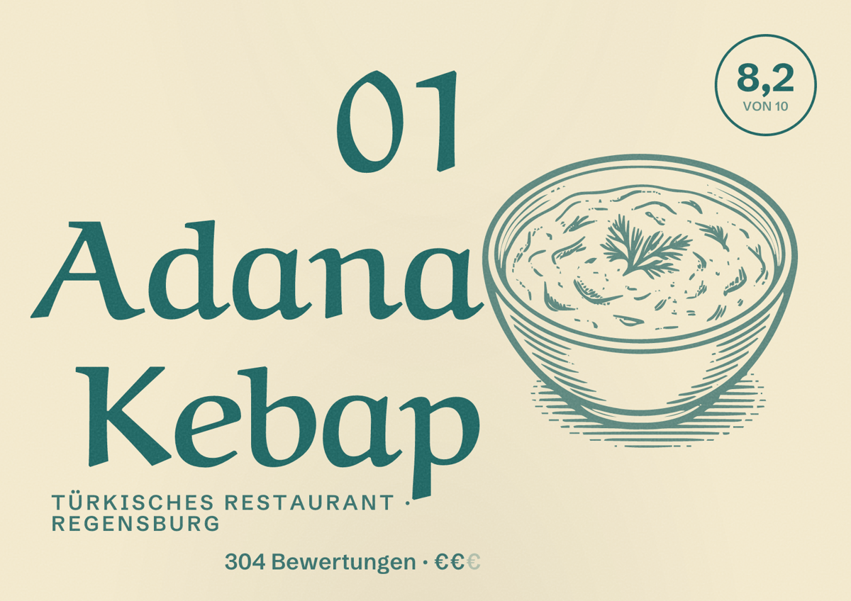 Illustriertes Poster von 01 Adana Kebap, Türkisches Restaurant in Regensburg: Bewertung 8,2 von 10 aus 304 Bewertungen, Preisniveau €€