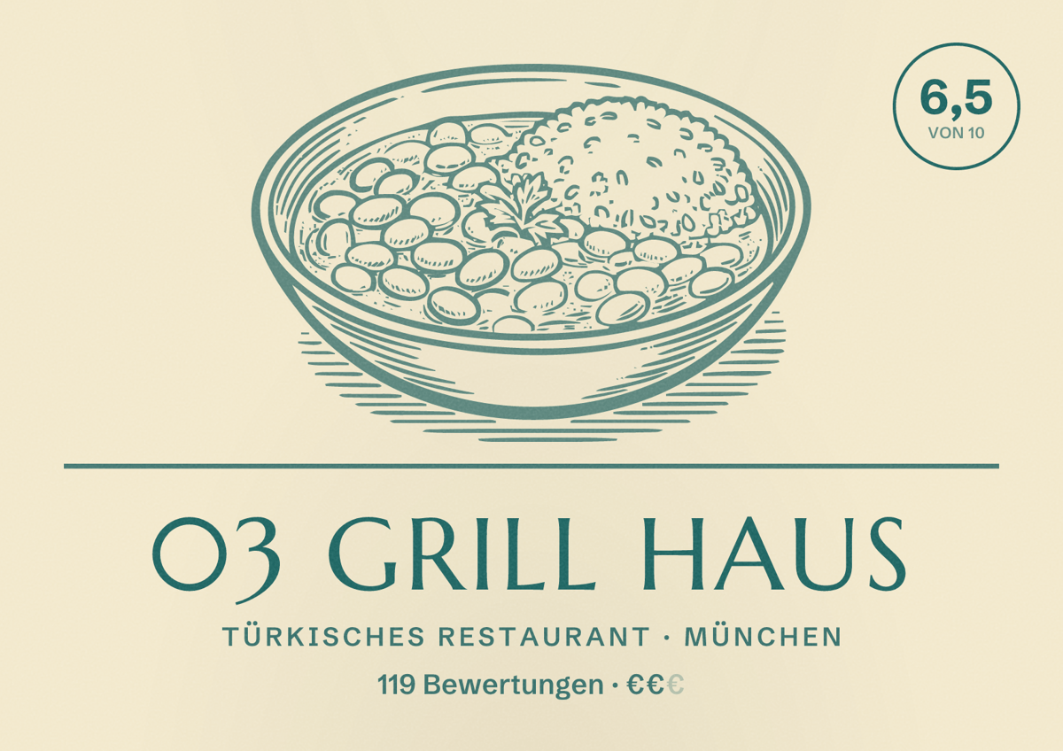 Illustriertes Poster von 03 Grill Haus, Türkisches Restaurant in München: Bewertung 6,5 von 10 aus 119 Bewertungen, Preisniveau €€