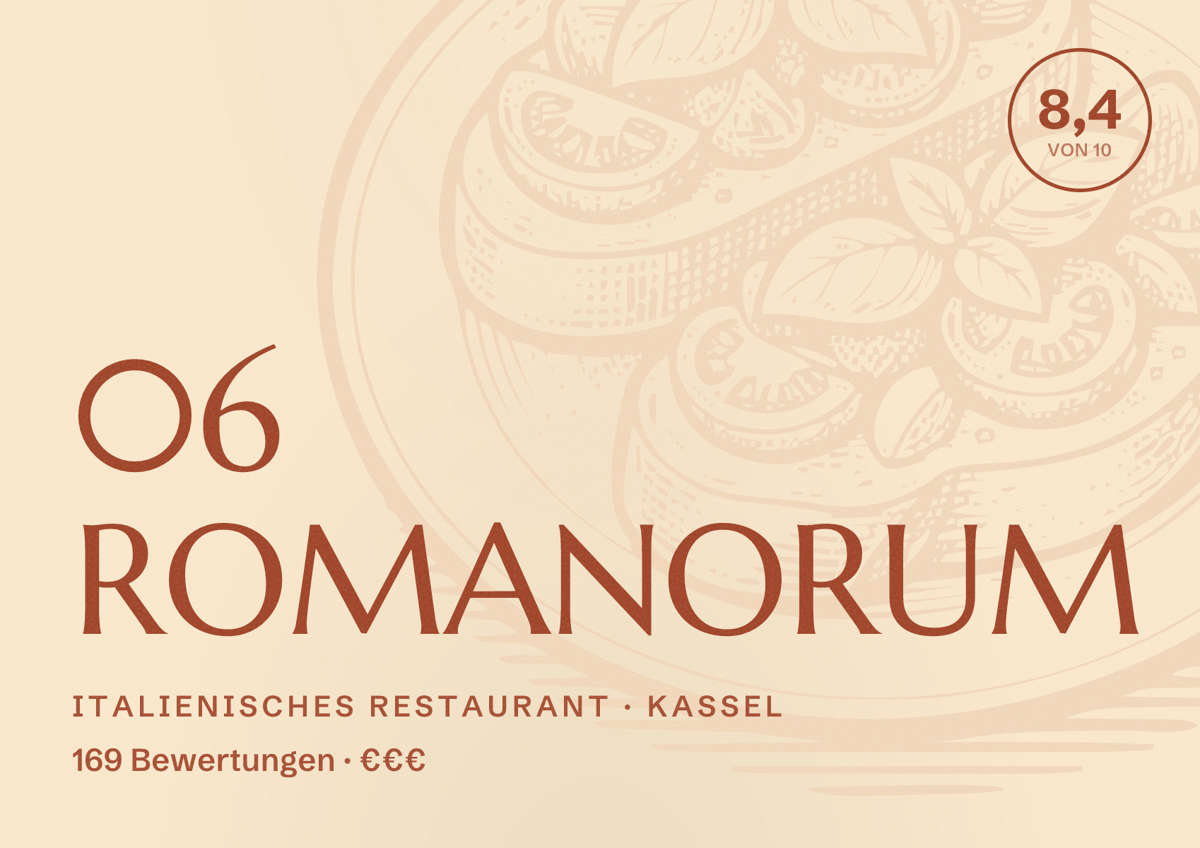 Illustriertes Poster von 06 ROMANORUM, Italienisches Restaurant in Kassel: Bewertung 8,4 von 10 aus 169 Bewertungen, Preisniveau €€€