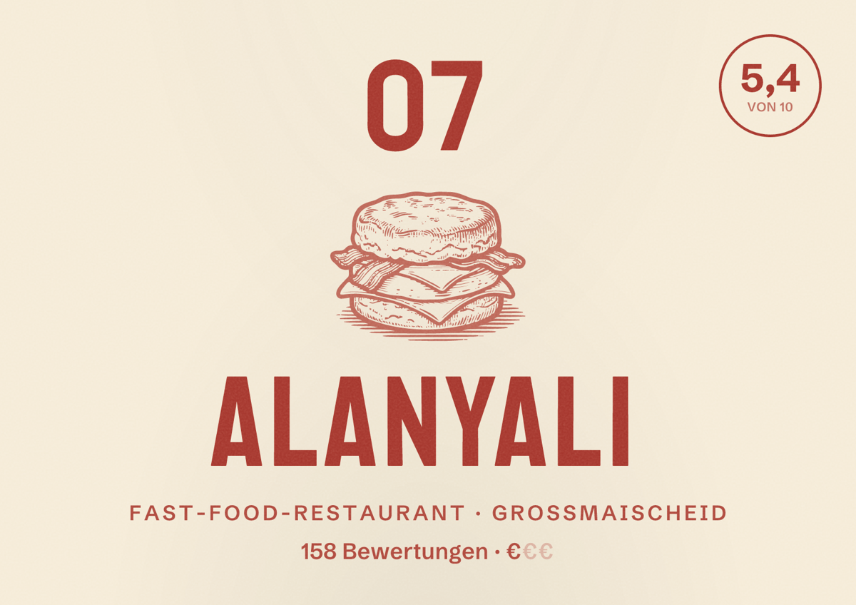 Illustriertes Poster von 07 Alanyali, Fast-Food-Restaurant in Großmaischeid: Bewertung 5,4 von 10 aus 158 Bewertungen, Preisniveau €