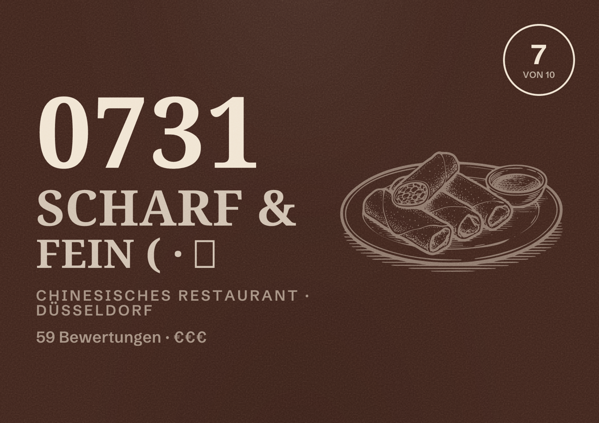 Illustriertes Poster von 0731 Scharf & Fein ( · ）, Chinesisches Restaurant in Düsseldorf: Bewertung 7,0 von 10 aus 59 Bewertungen, Preisniveau €€€