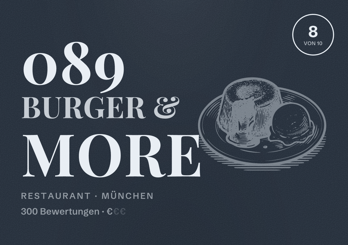Illustriertes Poster von 089 Burger & more, Restaurant in München: Bewertung 8,0 von 10 aus 300 Bewertungen, Preisniveau €