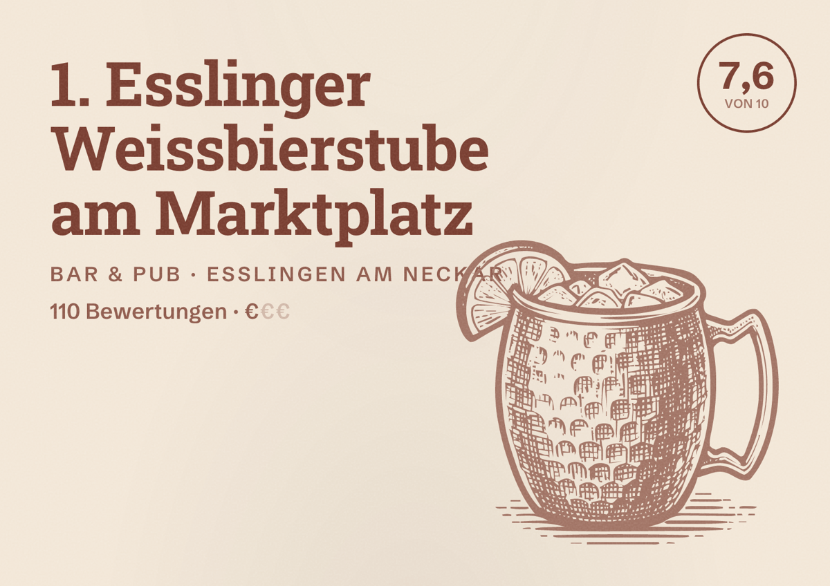 Illustriertes Poster von 1. Esslinger Weissbierstube am Marktplatz, Bar & Pub in Esslingen am Neckar: Bewertung 7,6 von 10 aus 110 Bewertungen, Preisniveau €