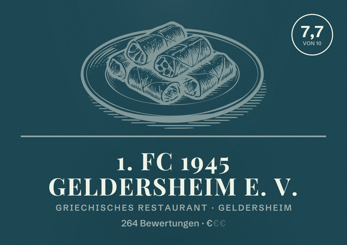 Illustriertes Poster von 1. FC 1945 Geldersheim e. V., Griechisches Restaurant in Geldersheim: Bewertung 7,7 von 10 aus 264 Bewertungen, Preisniveau €