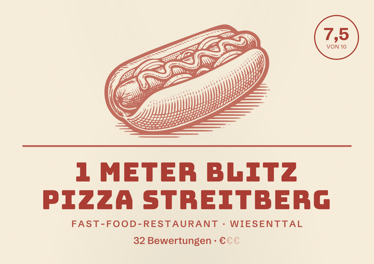 Illustriertes Poster von 1 Meter Blitz Pizza Streitberg, Fast-Food-Restaurant in Wiesenttal: Bewertung 7,5 von 10 aus 32 Bewertungen, Preisniveau €