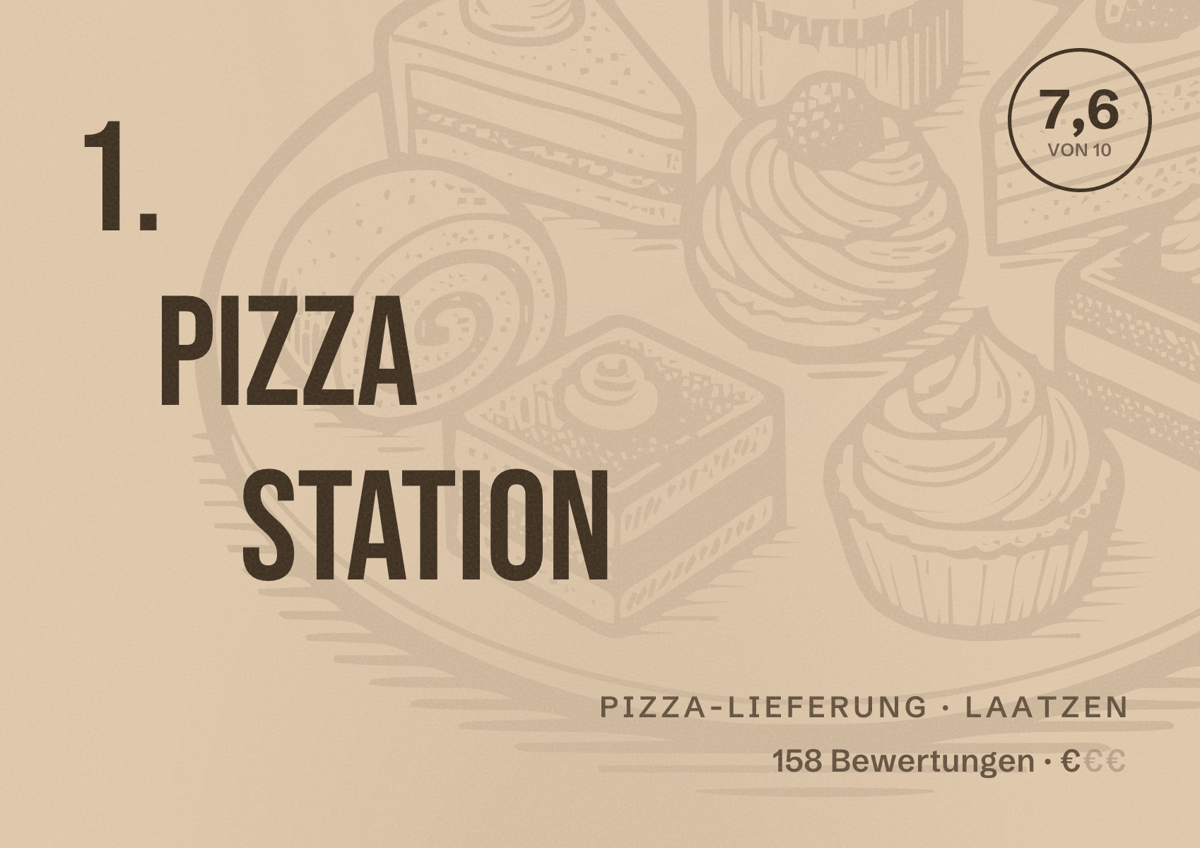 Illustriertes Poster von 1. Pizza Station, Pizza-Lieferung in Laatzen: Bewertung 7,6 von 10 aus 158 Bewertungen, Preisniveau €