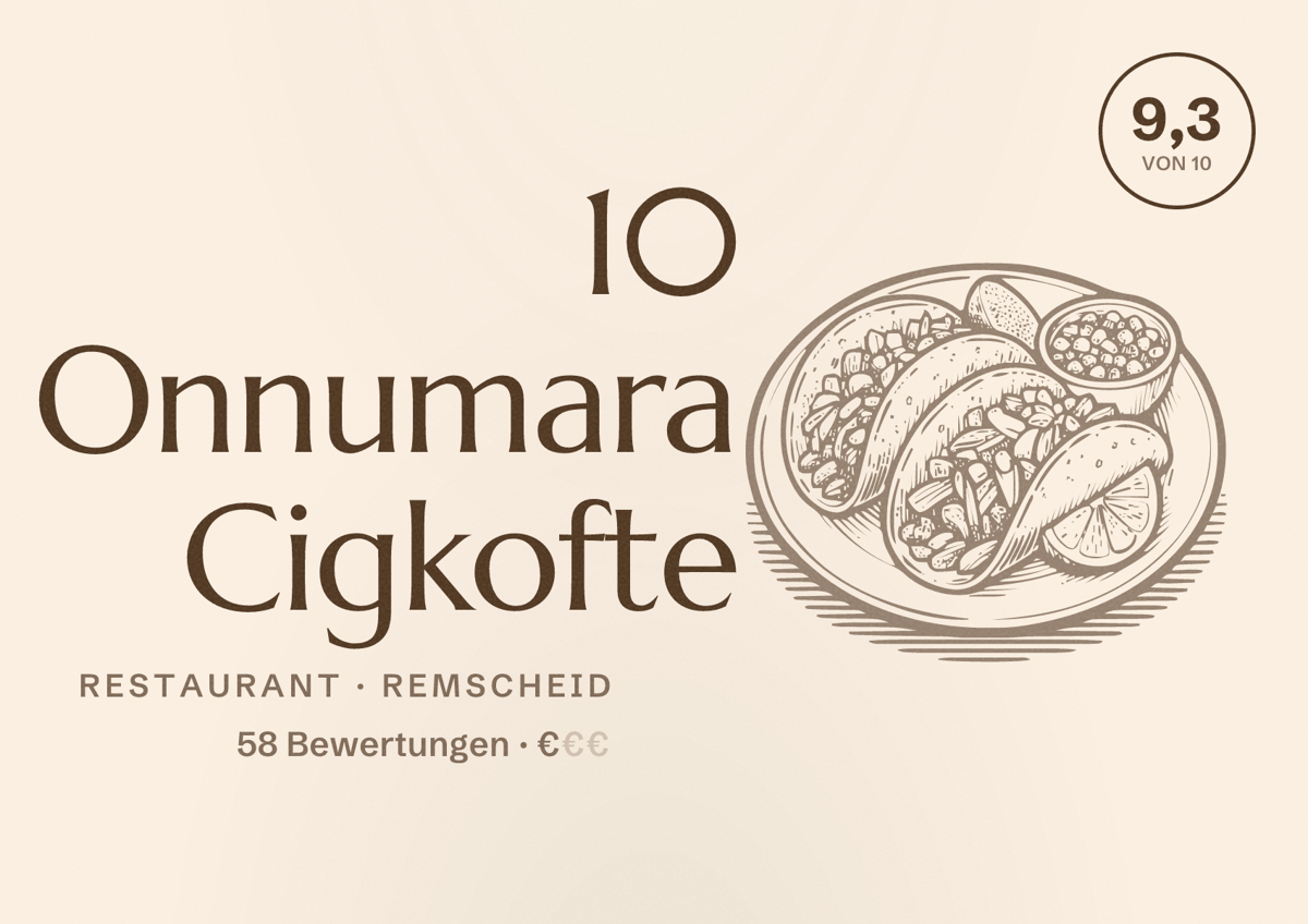 Illustriertes Poster von 10 Onnumara Cigkofte, Restaurant in Remscheid: Bewertung 9,3 von 10 aus 58 Bewertungen, Preisniveau €