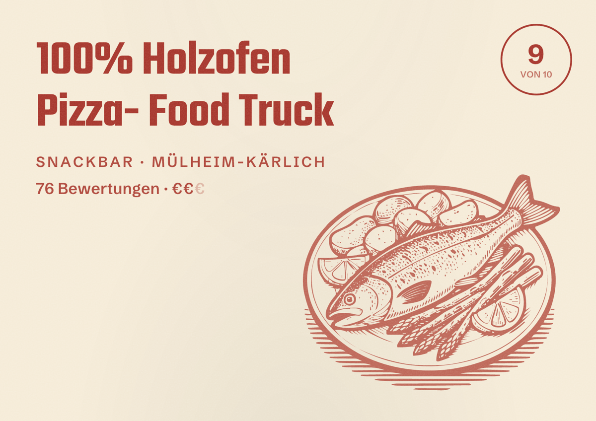 Illustriertes Poster von 100% Holzofen Pizza- Food Truck, Snackbar in Mülheim-Kärlich: Bewertung 9 von 10 aus 76 Bewertungen, Preisniveau €€