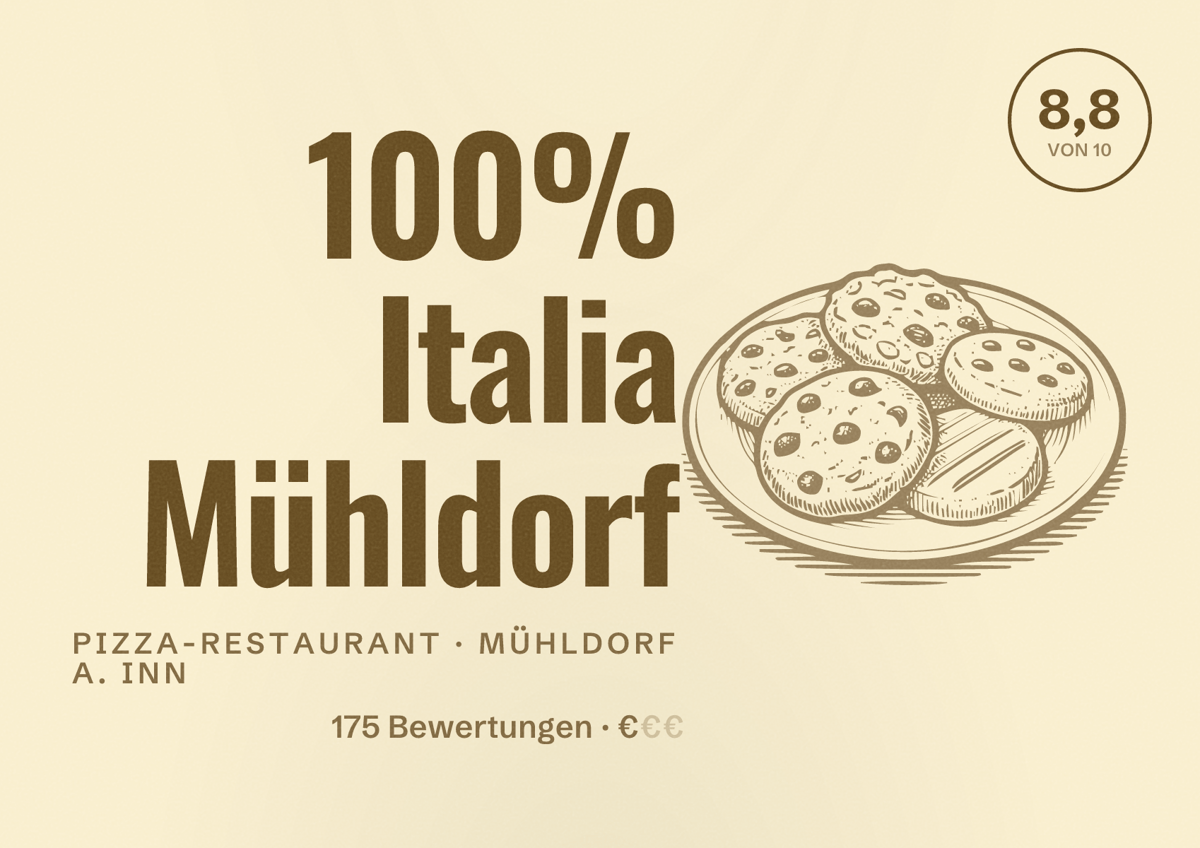 Illustriertes Poster von 100% Italia Mühldorf, Pizza-Restaurant in Mühldorf a. Inn: Bewertung 8,8 von 10 aus 175 Bewertungen, Preisniveau €