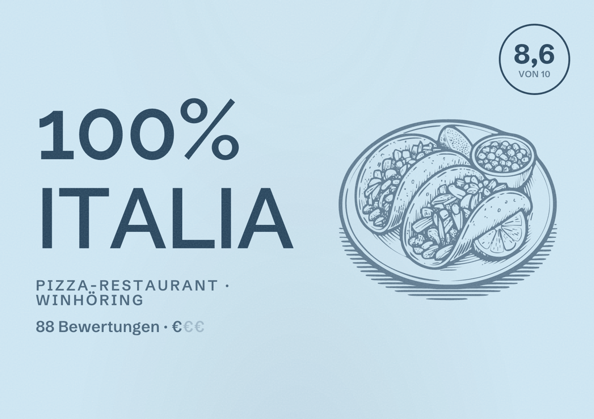 Illustriertes Poster von 100% ITALIA, Pizza-Restaurant in Winhöring: Bewertung 8,6 von 10 aus 88 Bewertungen, Preisniveau €