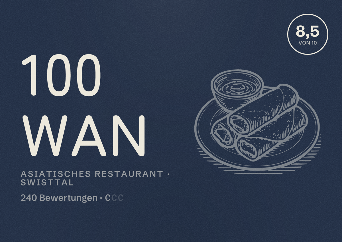 Illustriertes Poster von 100 Wan, Asiatisches Restaurant in Swisttal: Bewertung 8,5 von 10 aus 240 Bewertungen, Preisniveau €