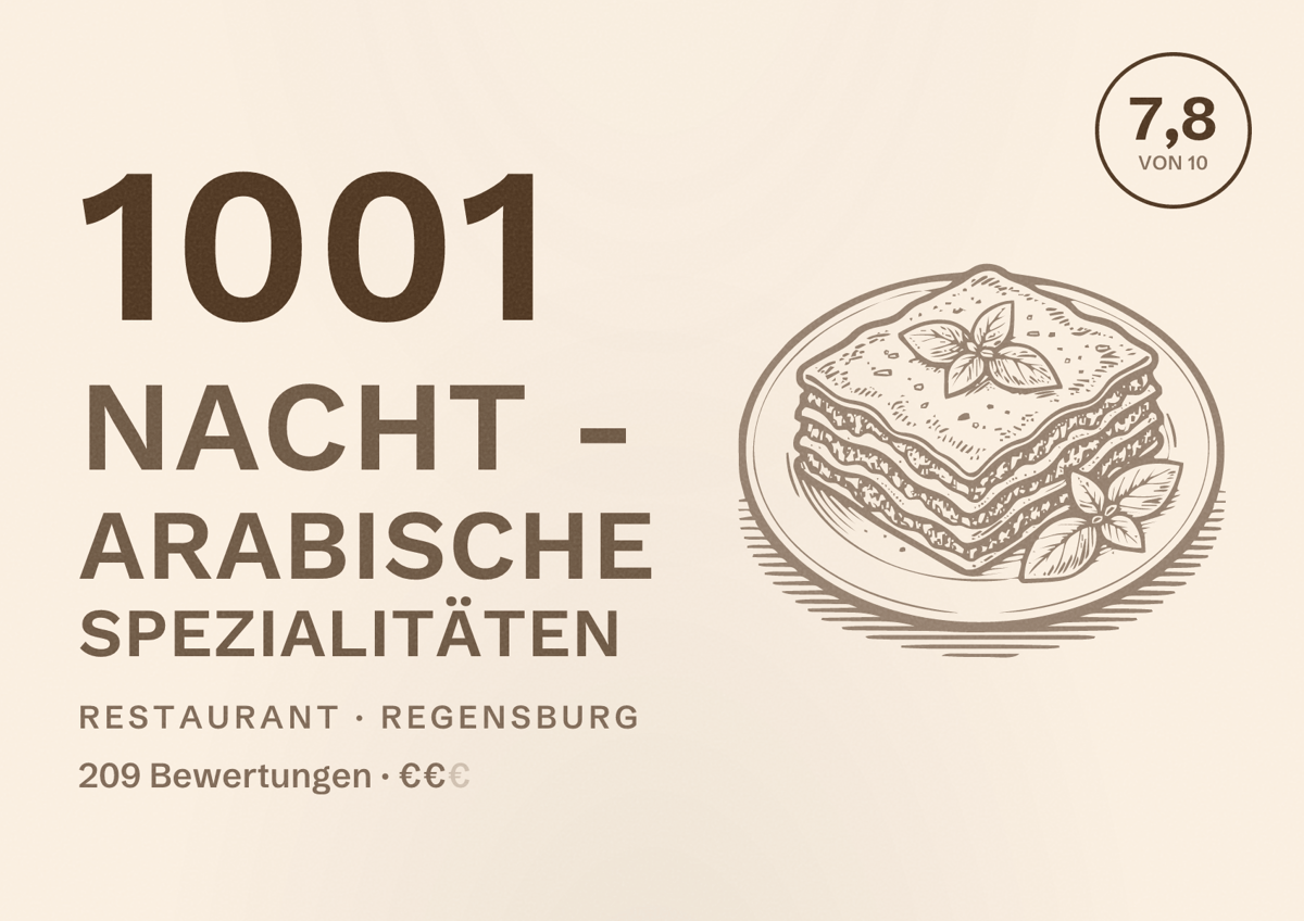 Illustriertes Poster von 1001 Nacht - Arabische Spezialitäten, Restaurant in Regensburg: Bewertung 7,8 von 10 aus 209 Bewertungen, Preisniveau €€