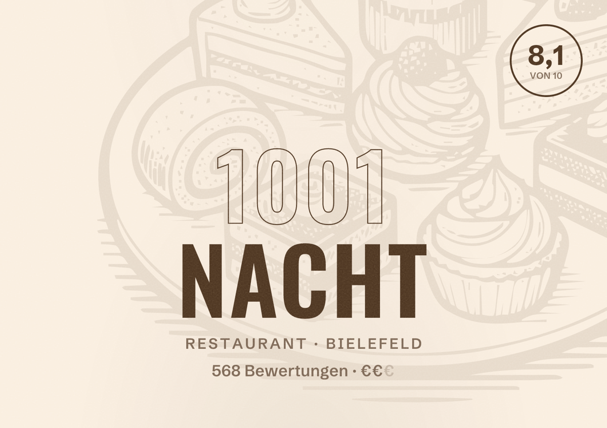 Illustriertes Poster von 1001 Nacht, Restaurant in Bielefeld: Bewertung 8,1 von 10 aus 568 Bewertungen, Preisniveau €€