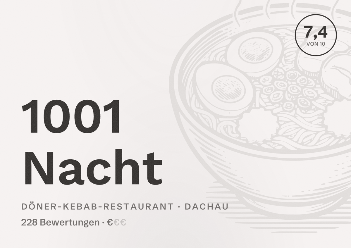 Illustriertes Poster von 1001 Nacht, Döner-Kebab-Restaurant in Dachau: Bewertung 7,4 von 10 aus 228 Bewertungen, Preisniveau €
