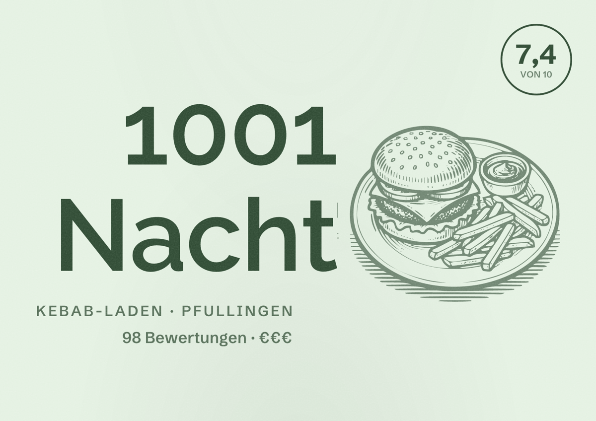 Illustriertes Poster von 1001 Nacht, Kebab-Laden in Pfullingen: Bewertung 7,4 von 10 aus 98 Bewertungen, Preisniveau €€€