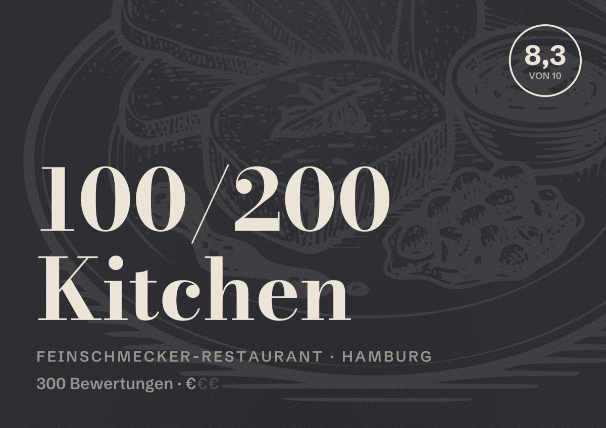 Illustriertes Poster von 100/200 Kitchen, Feinschmecker-Restaurant in Hamburg: Bewertung 8,3 von 10 aus 300 Bewertungen, Preisniveau €
