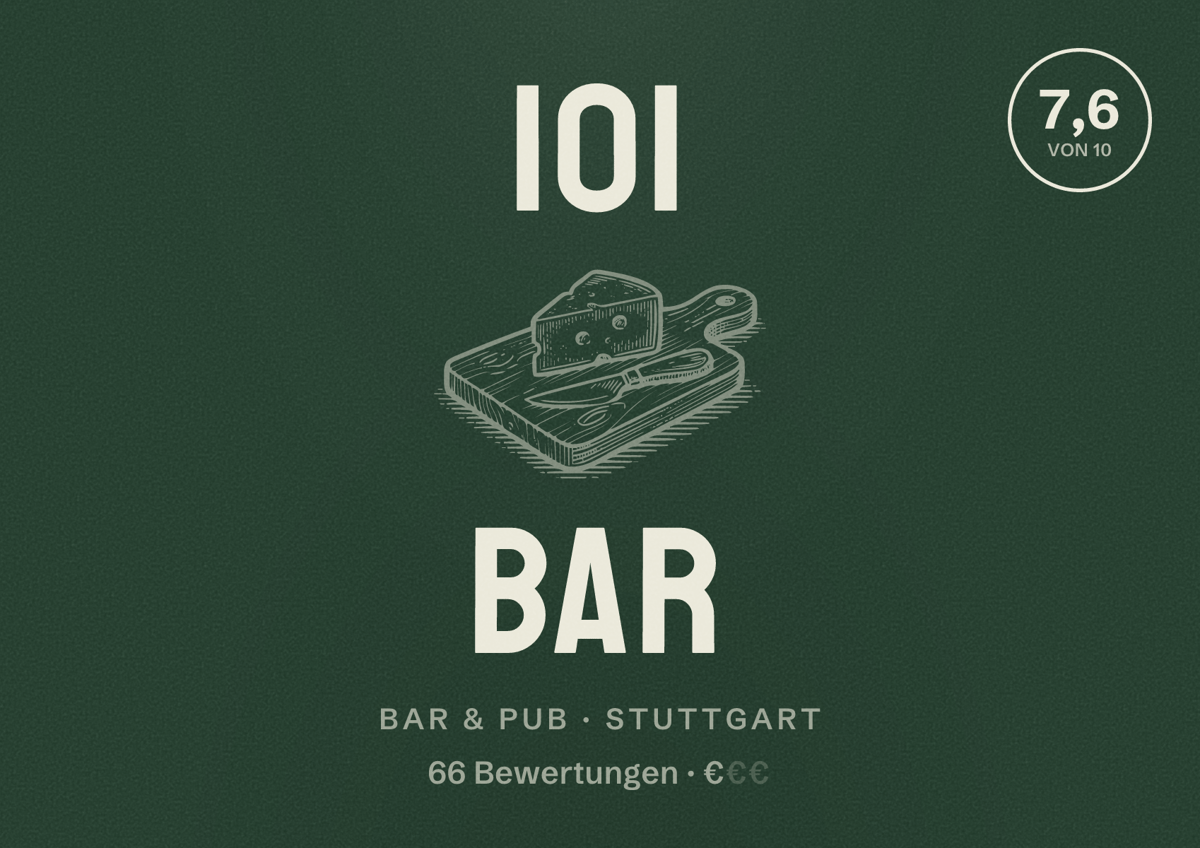 Illustriertes Poster von 101 Bar, Bar & Pub in Stuttgart: Bewertung 7,6 von 10 aus 66 Bewertungen, Preisniveau €