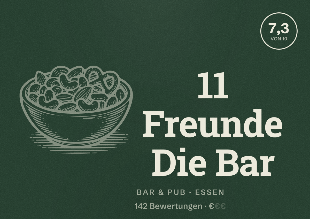 Illustriertes Poster von 11 Freunde Die Bar, Bar & Pub in Essen: Bewertung 7,3 von 10 aus 142 Bewertungen, Preisniveau €