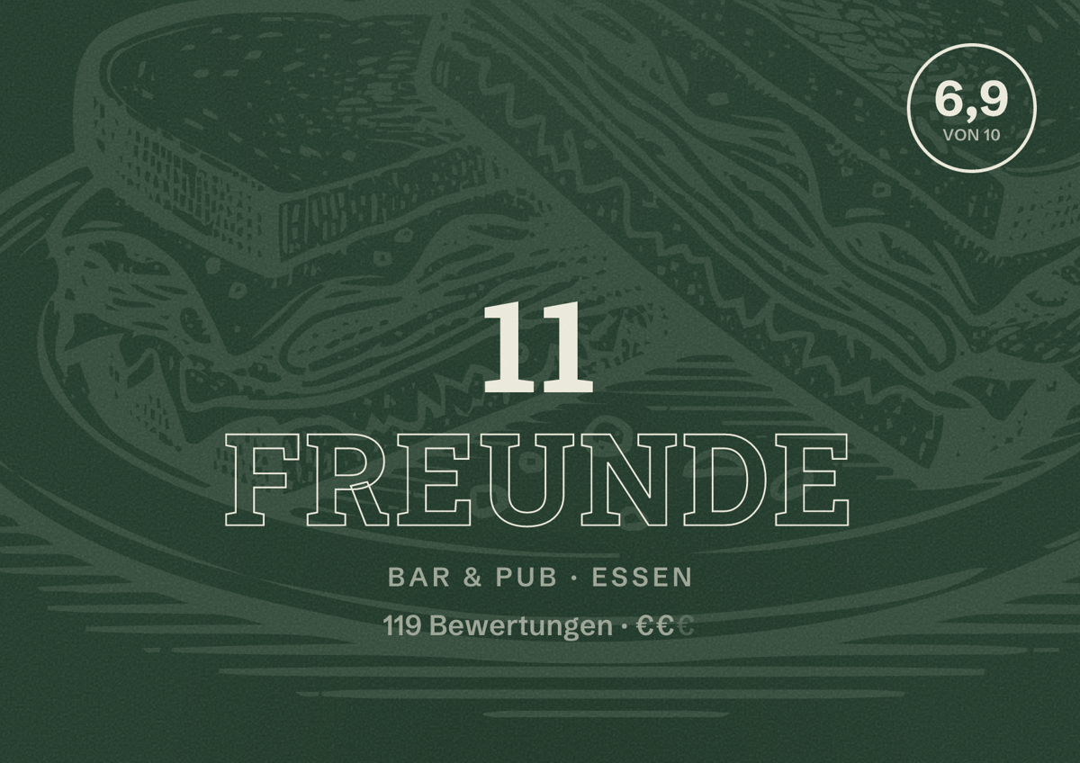 Illustriertes Poster von 11 Freunde, Bar & Pub in Essen: Gästebewertung 6,9 von 10 aus 119 Bewertungen