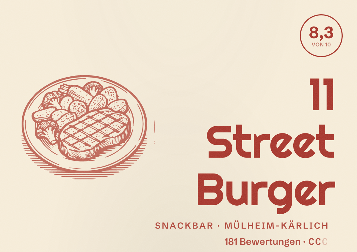 Illustriertes Poster von 11 Street Burger, Snackbar in Mülheim-Kärlich: Bewertung 8,3 von 10 aus 181 Bewertungen, Preisniveau €€