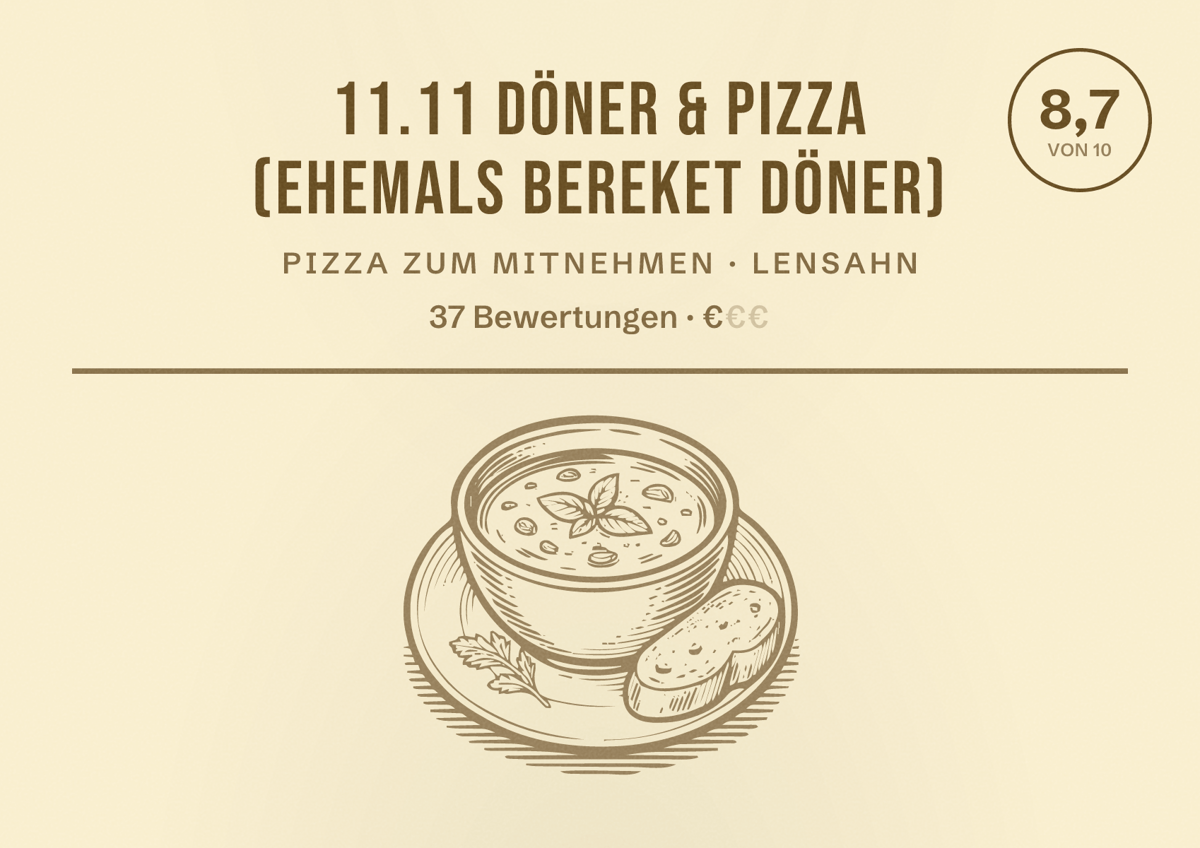 Illustriertes Poster von 11.11 Döner & Pizza (ehemals Bereket Döner), Pizza zum Mitnehmen in Lensahn: Bewertung 8,7 von 10 aus 37 Bewertungen, Preisniveau €