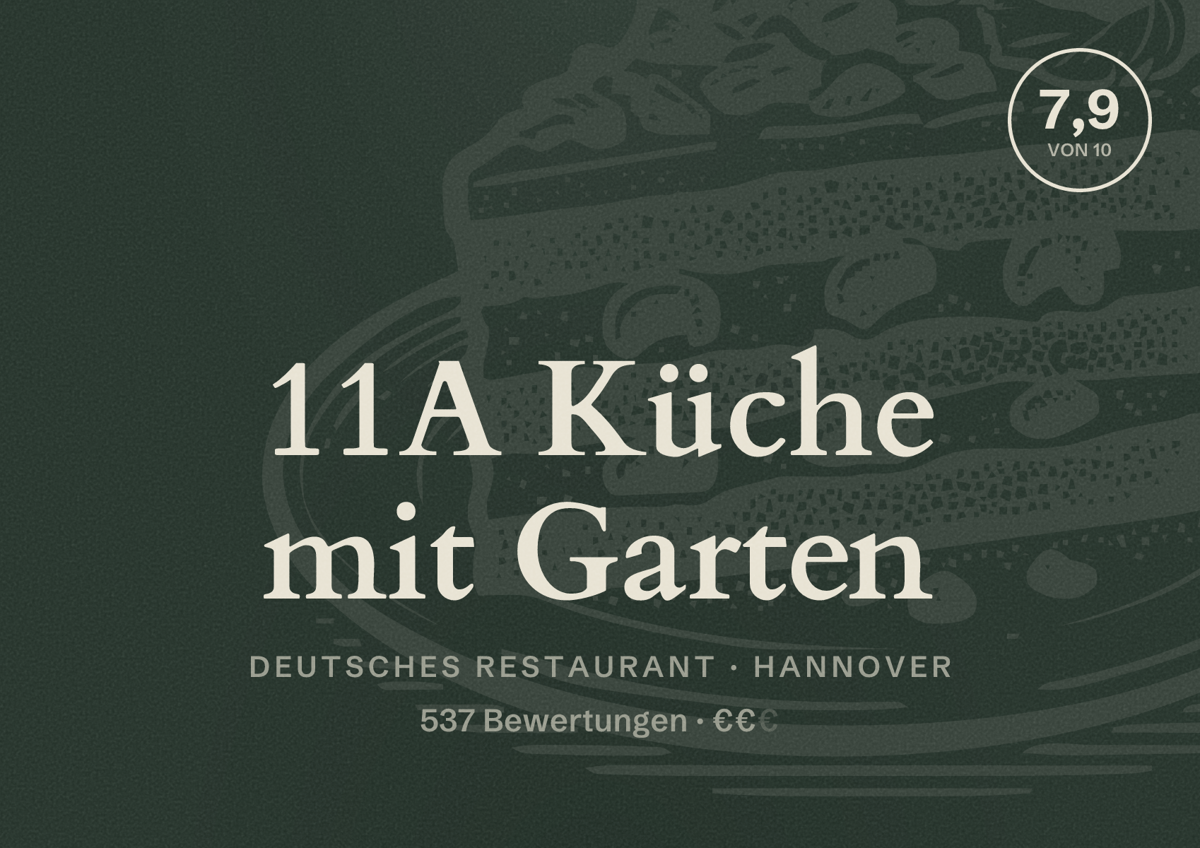 Illustriertes Poster von 11A Küche mit Garten, Deutsches Restaurant in Hannover: Bewertung 7,9 von 10 aus 537 Bewertungen, Preisniveau €€
