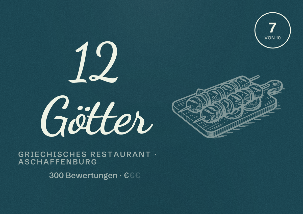 Illustriertes Poster von 12 Götter, Griechisches Restaurant in Aschaffenburg: Bewertung 7 von 10 aus 300 Bewertungen, Preisniveau €