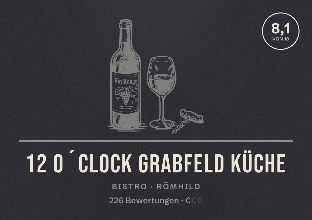 Illustriertes Poster von 12 o´clock Grabfeld Küche, Bistro in Römhild: Bewertung 8,1 von 10 aus 226 Bewertungen, Preisniveau €