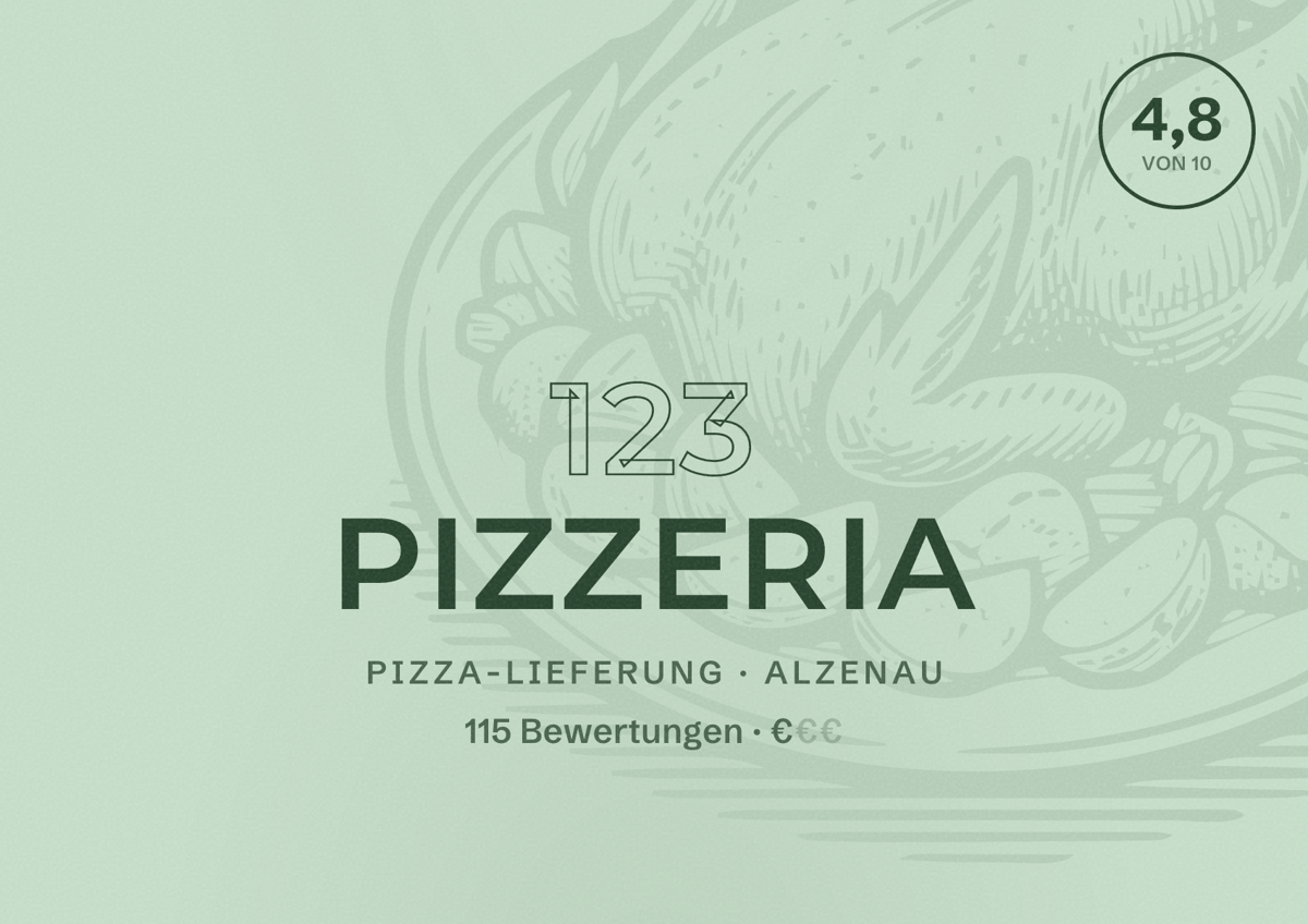 Illustriertes Poster von 123 Pizzeria, Pizza-Lieferung in Alzenau: Bewertung 4,8 von 10 aus 115 Bewertungen, Preisniveau €