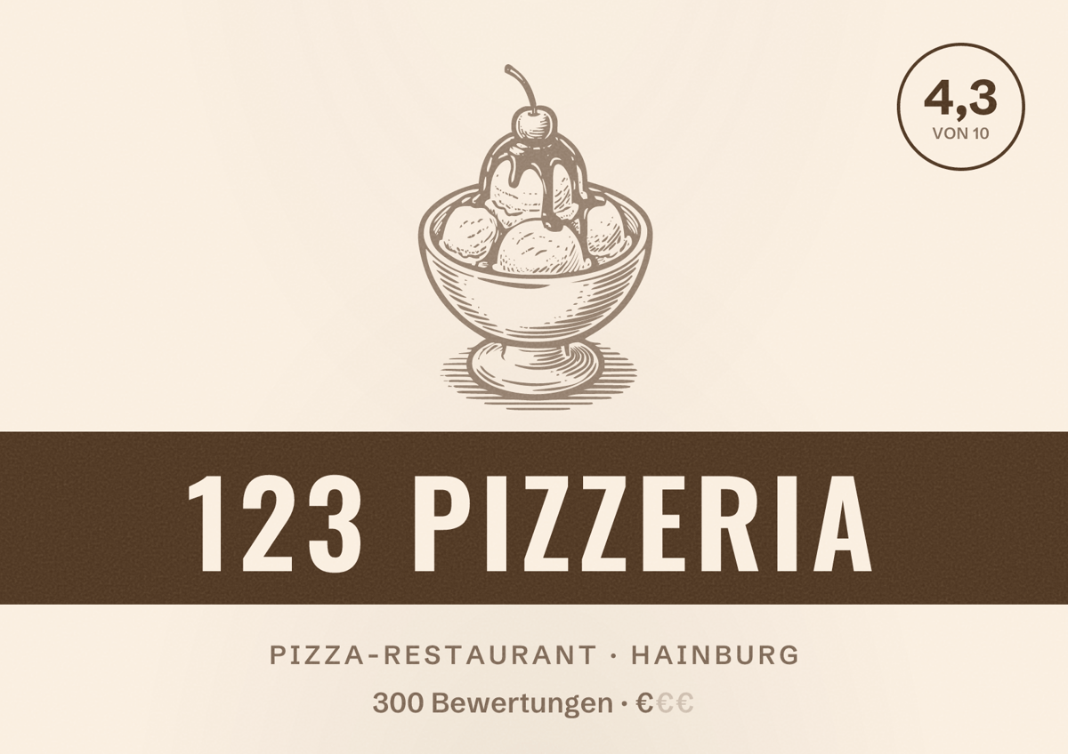 Illustriertes Poster von 123 Pizzeria, Pizza-Restaurant in Hainburg: Bewertung 4,3 von 10 aus 300 Bewertungen, Preisniveau €