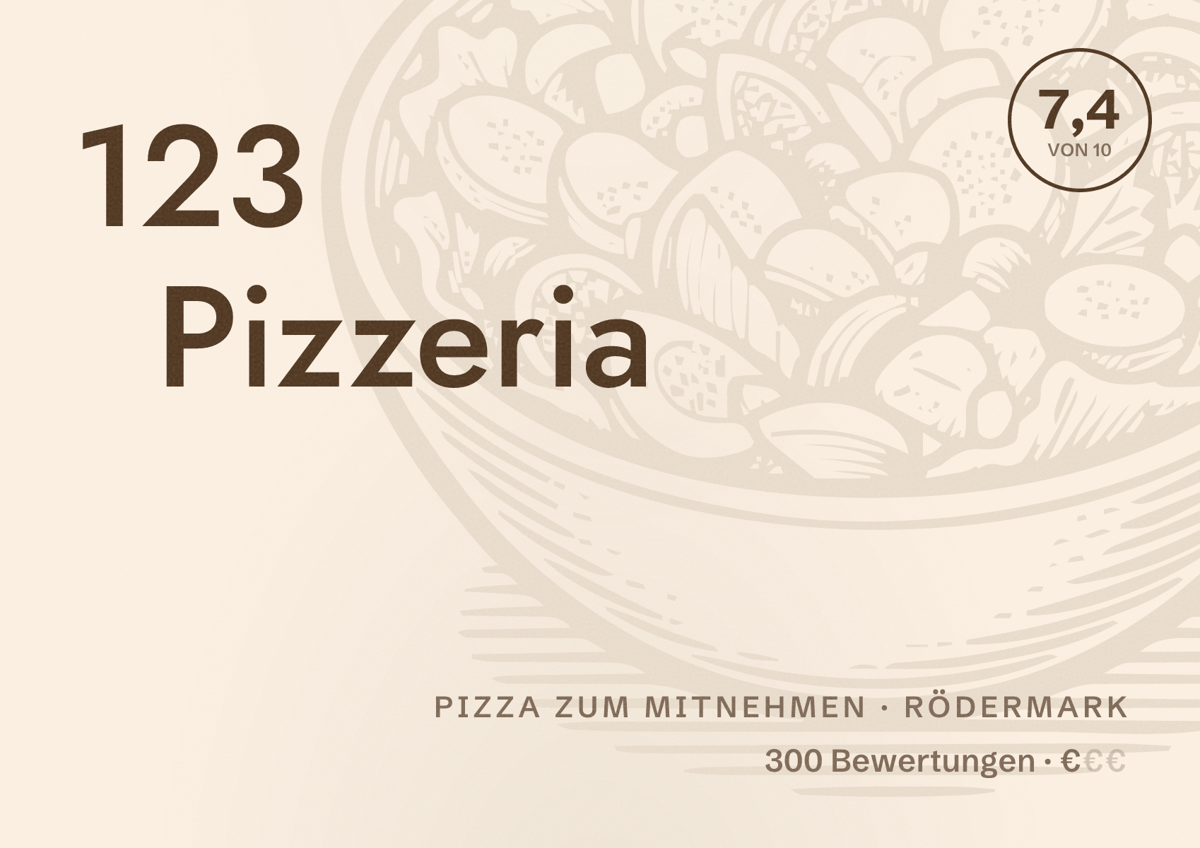 Illustriertes Poster von 123 Pizzeria, Pizza zum Mitnehmen in Rödermark: Bewertung 7,4 von 10 aus 300 Bewertungen, Preisniveau €