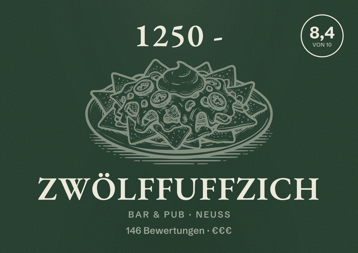 Illustriertes Poster von 1250 - Zwölffuffzich, Bar & Pub in Neuss: Bewertung 8,4 von 10 aus 146 Bewertungen, Preisniveau €€€