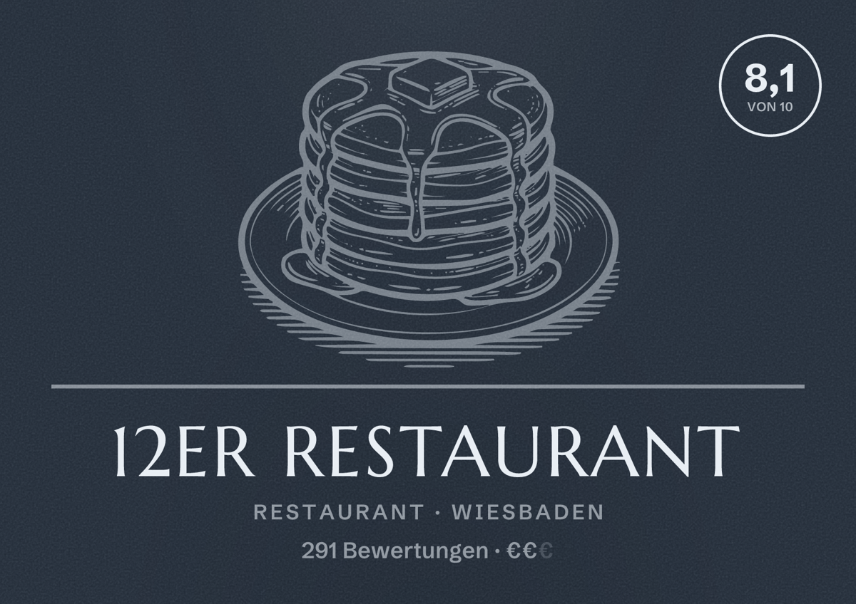 Illustriertes Poster von 12er Restaurant, Restaurant in Wiesbaden: Bewertung 8,1 von 10 aus 291 Bewertungen, Preisniveau €€