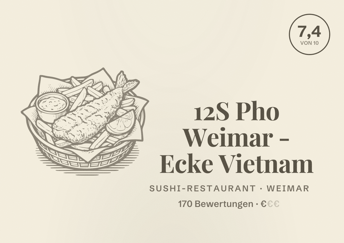 Illustriertes Poster von 12S Pho Weimar - Ecke Vietnam, Sushi-Restaurant in Weimar: Bewertung 7,4 von 10 aus 170 Bewertungen, Preisniveau €