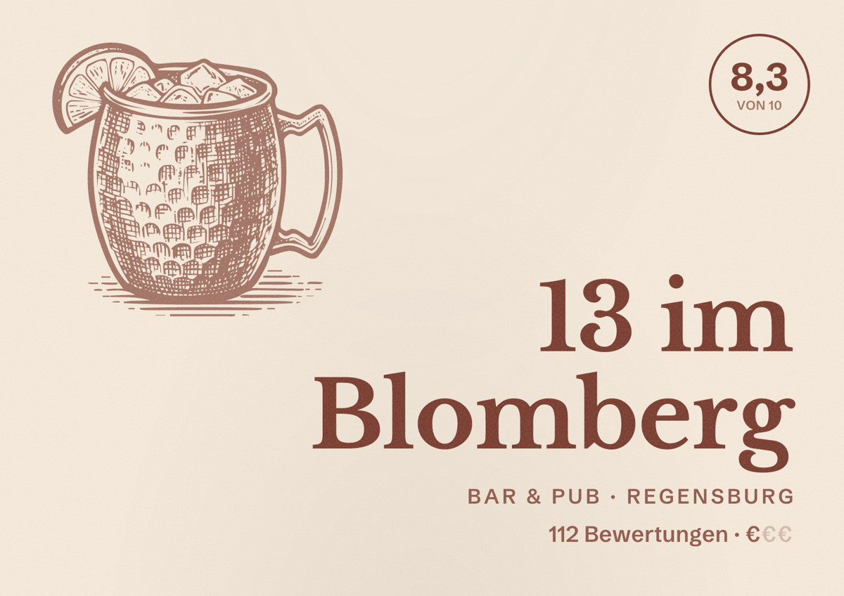 Illustriertes Poster von 13 im Blomberg, Bar & Pub in Regensburg: Bewertung 8,3 von 10 aus 112 Bewertungen, Preisniveau €