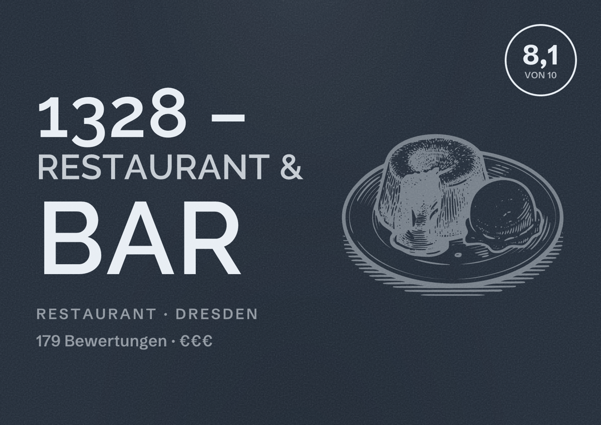 Illustriertes Poster von 1328 – Restaurant & Bar, Restaurant in Dresden: Bewertung 8,1 von 10 aus 179 Bewertungen, Preisniveau €€€
