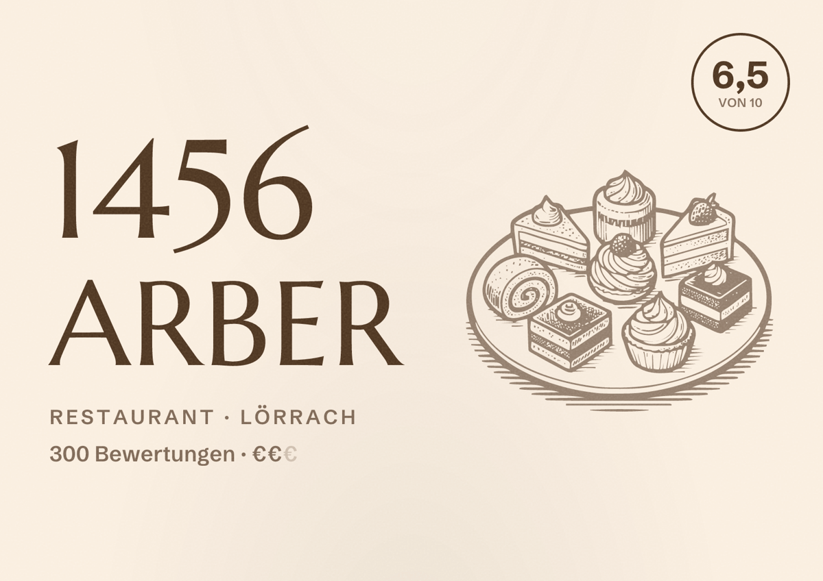 Illustriertes Poster von 1456 Arber, Restaurant in Lörrach: Bewertung 6,5 von 10 aus 300 Bewertungen, Preisniveau €€