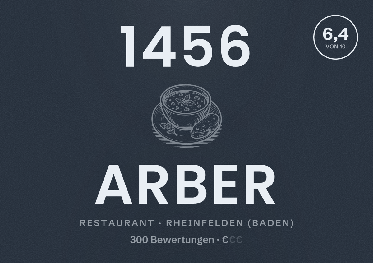 Illustriertes Poster von 1456 Arber, Restaurant in Rheinfelden (Baden): Bewertung 6,4 von 10 aus 300 Bewertungen, Preisniveau €
