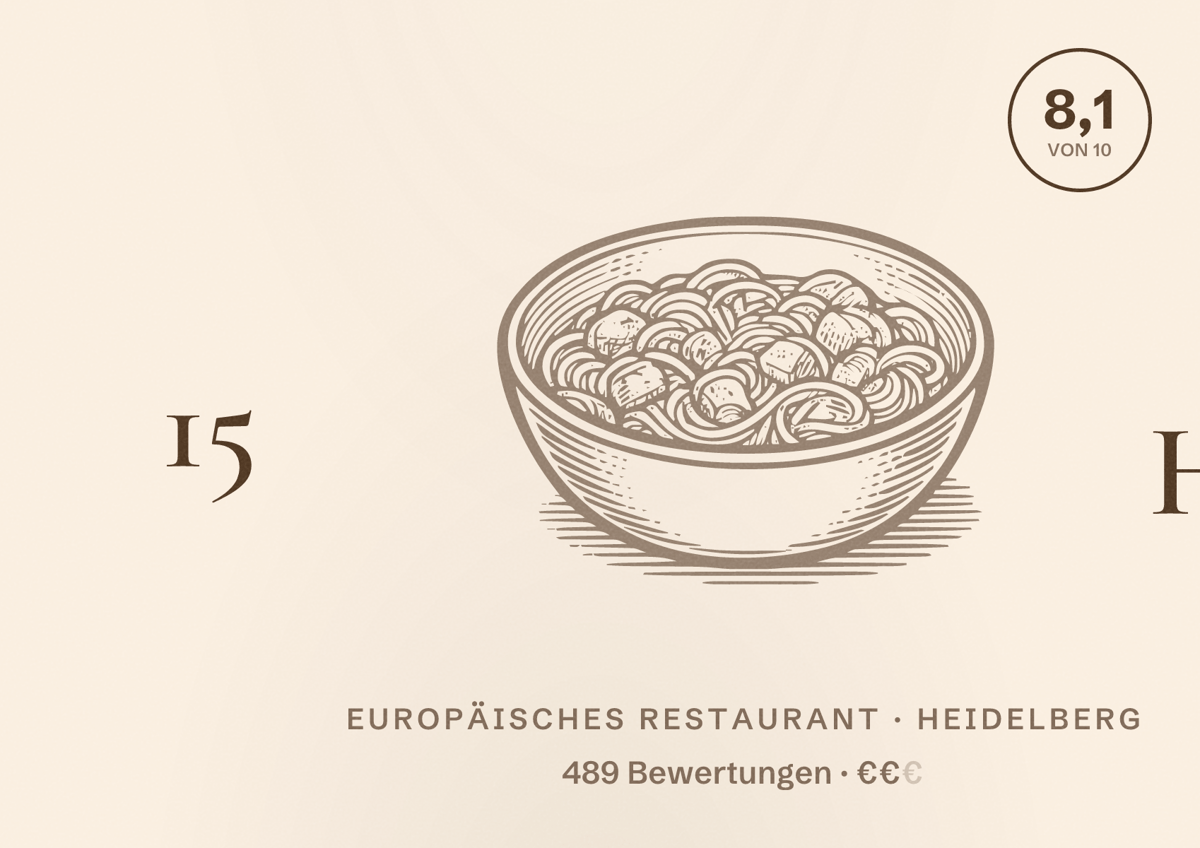 Illustriertes Poster von 15 High, Europäisches Restaurant in Heidelberg: Bewertung 8,1 von 10 aus 489 Bewertungen, Preisniveau €€