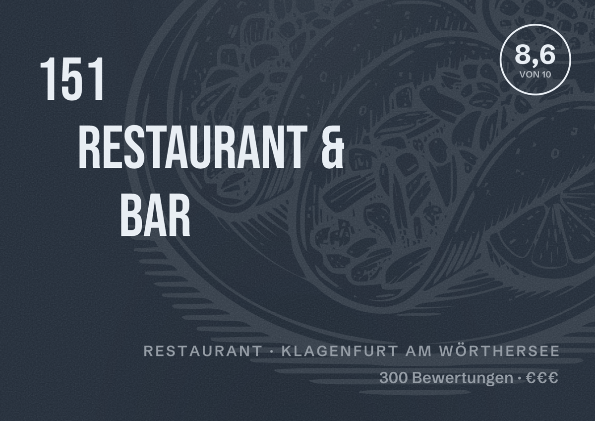 Illustriertes Poster von 151 Restaurant & Bar, Restaurant in Klagenfurt am Wörthersee: Bewertung 8,6 von 10 aus 300 Bewertungen, Preisniveau €€€