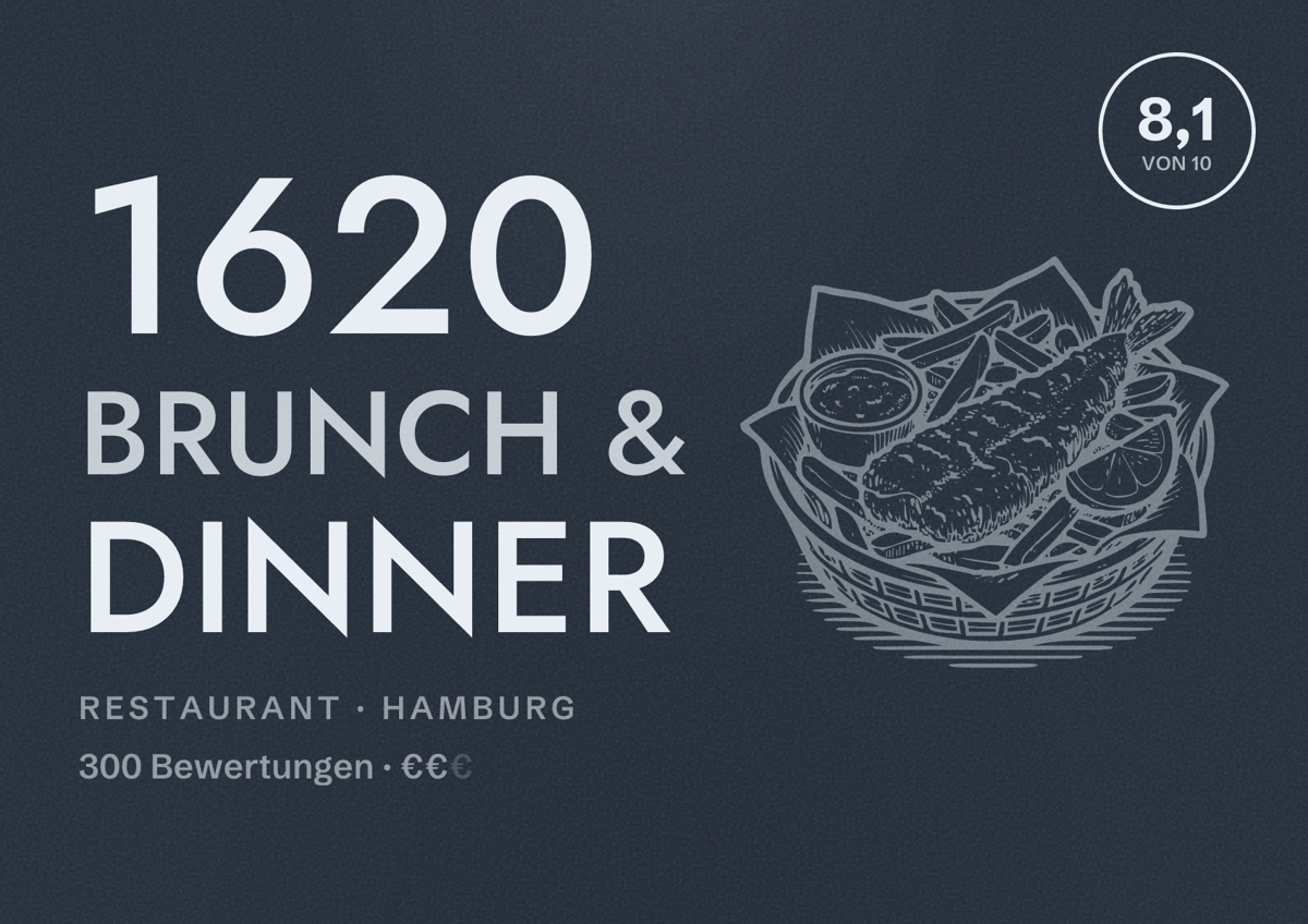 Illustriertes Poster von 1620 Brunch & Dinner, Restaurant in Hamburg: Bewertung 8,1 von 10 aus 300 Bewertungen, Preisniveau €€