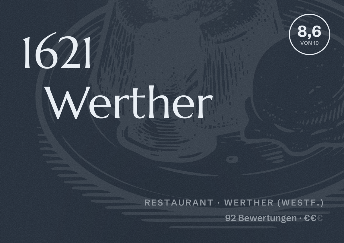 Illustriertes Poster von 1621 Werther, Restaurant in Werther (Westf.): Bewertung 8,6 von 10 aus 92 Bewertungen, Preisniveau €€