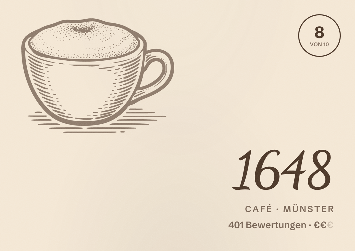 Illustriertes Poster von 1648, Café in Münster: Bewertung 8 von 10 aus 401 Bewertungen, Preisniveau €€
