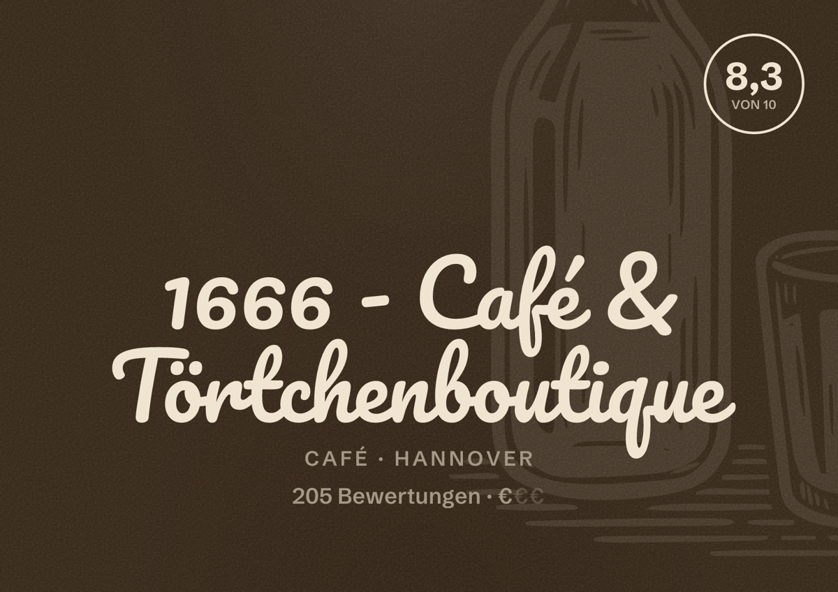 Illustriertes Poster von 1666 - Café & Törtchenboutique, Café in Hannover: Bewertung 8,3 von 10 aus 205 Bewertungen, Preisniveau €