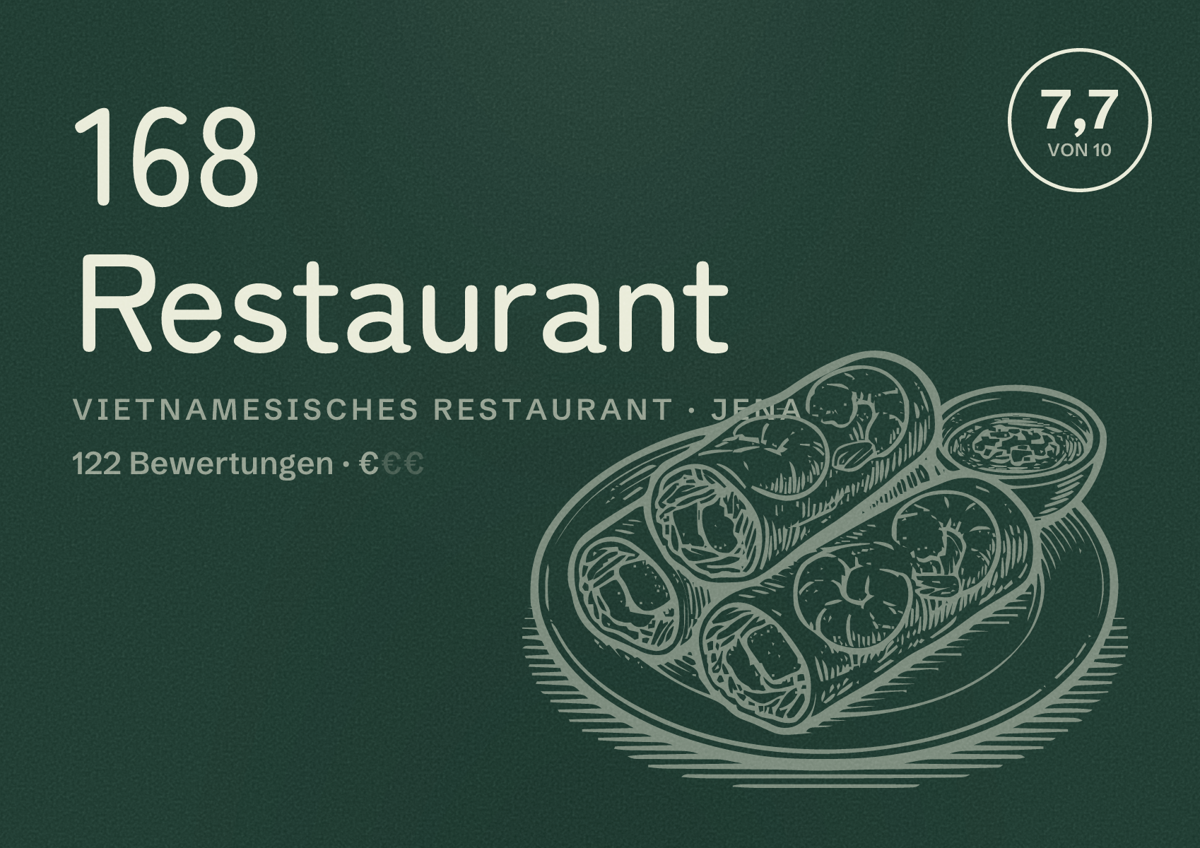 Illustriertes Poster von 168 Restaurant, Vietnamesisches Restaurant in Jena: Bewertung 7,7 von 10 aus 122 Bewertungen, Preisniveau €