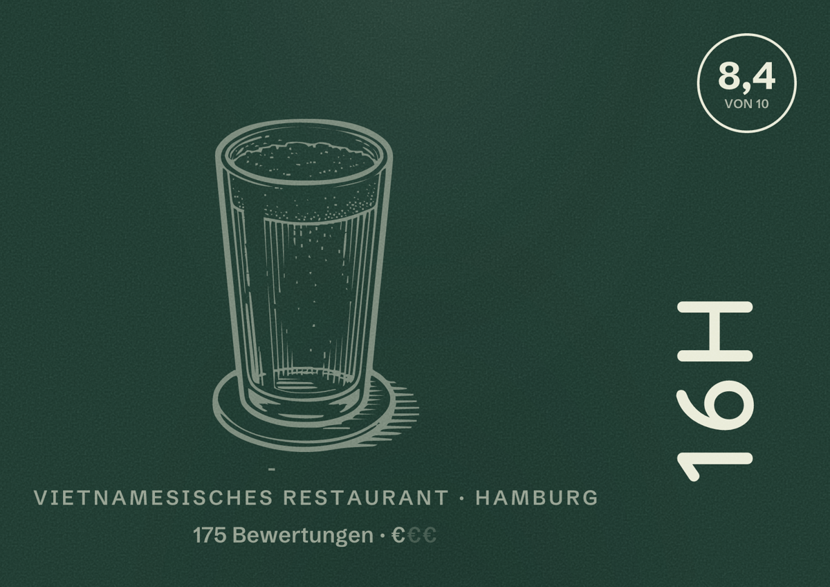 Illustriertes Poster von 16h, Vietnamesisches Restaurant in Hamburg: Bewertung 8,4 von 10 aus 175 Bewertungen, Preisniveau €