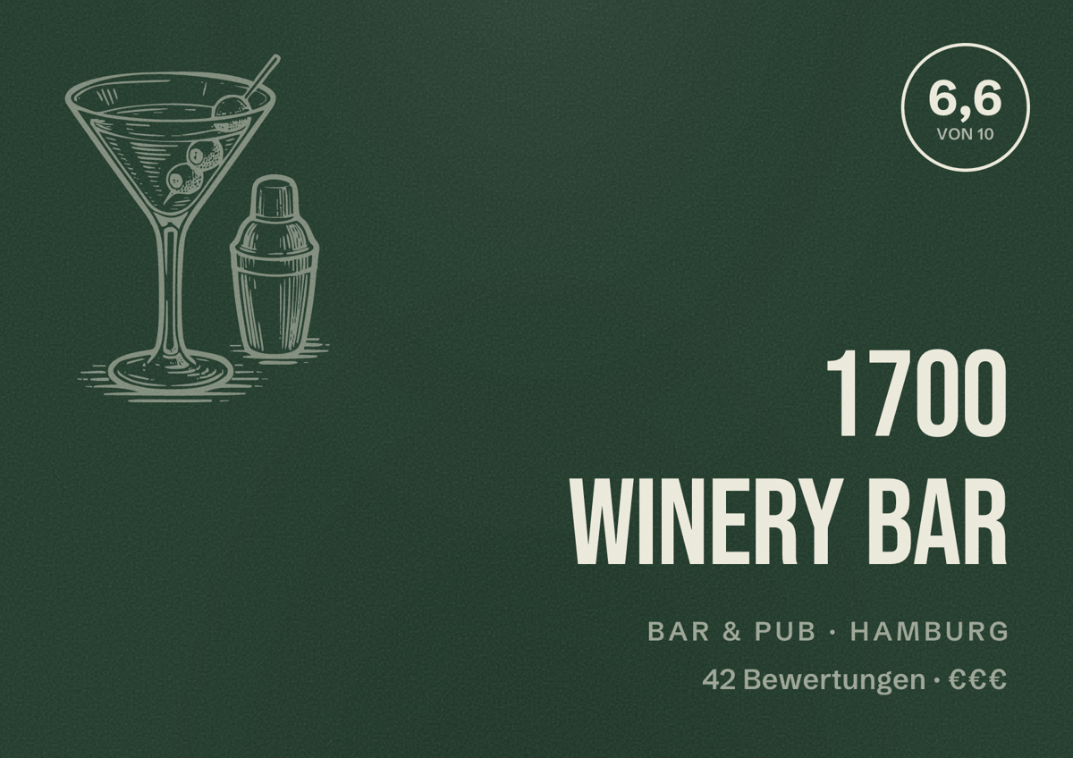 Illustriertes Poster von 1700 Winery Bar, Bar & Pub in Hamburg: Bewertung 6,6 von 10 aus 42 Bewertungen, Preisniveau €€€